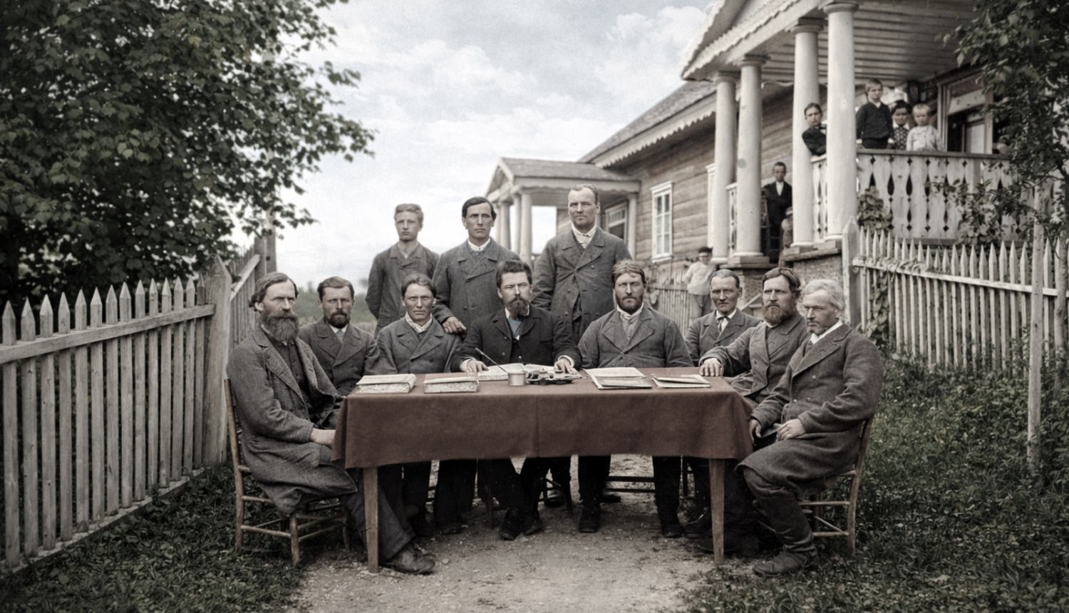 Uz ceļa, kas ved uz vecu koka muižu, ap galdu sēž kungi uzvalkos