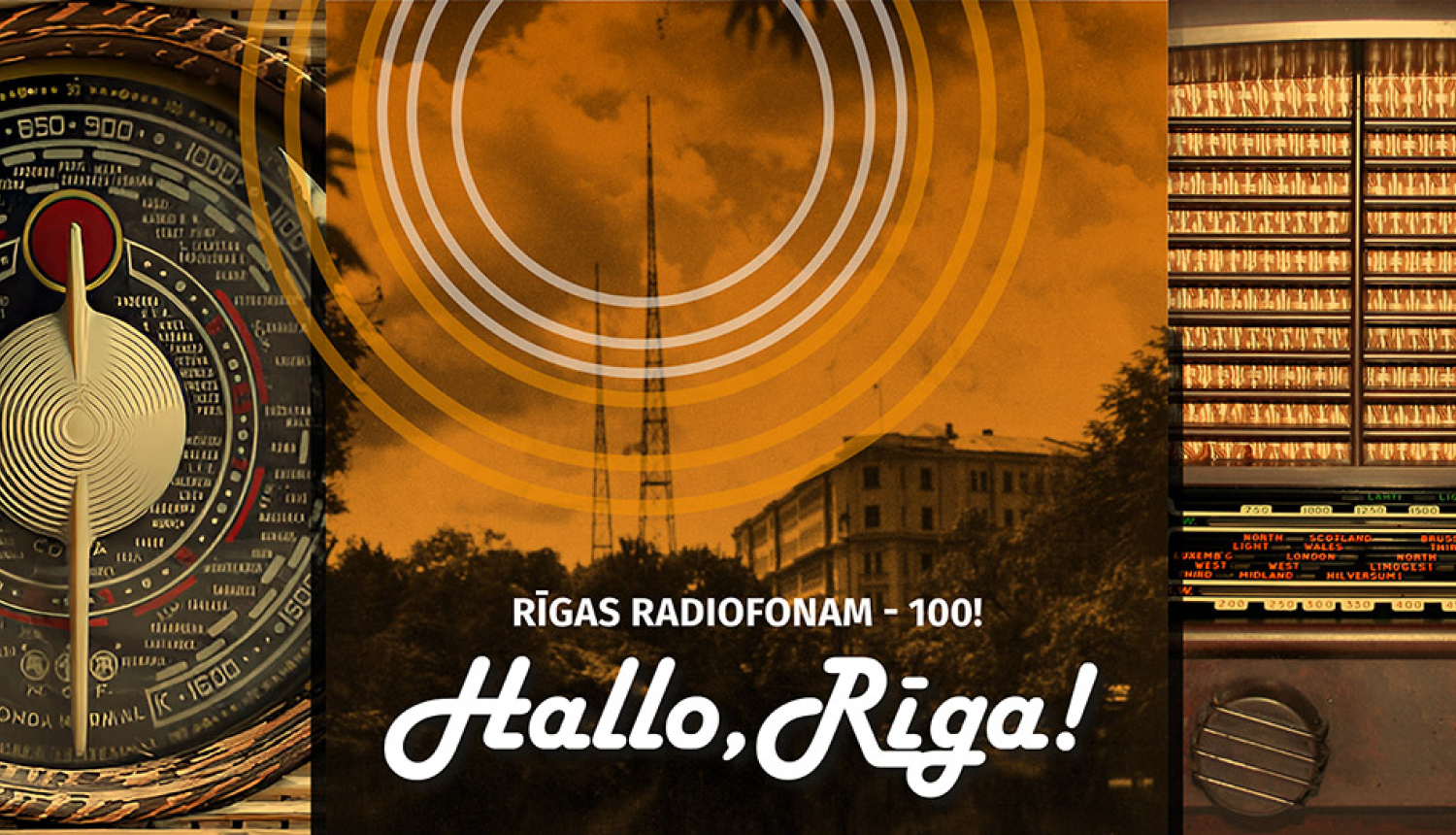 “HALLO, RĪGA! RĪGAS RADIOFONAM –100” plakāts ar radio elemntiem, radiotorni un tekstu: "RĪGAS RADIOFONAM - 100! - Hallo, Rīga!"
