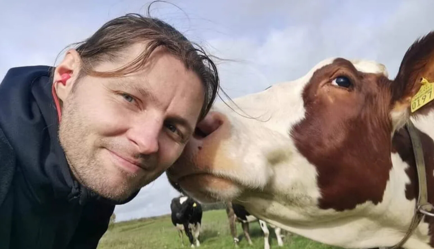 Cilvēks un govs. Foto no Sandra Ādmiņa personīgā arhīva.