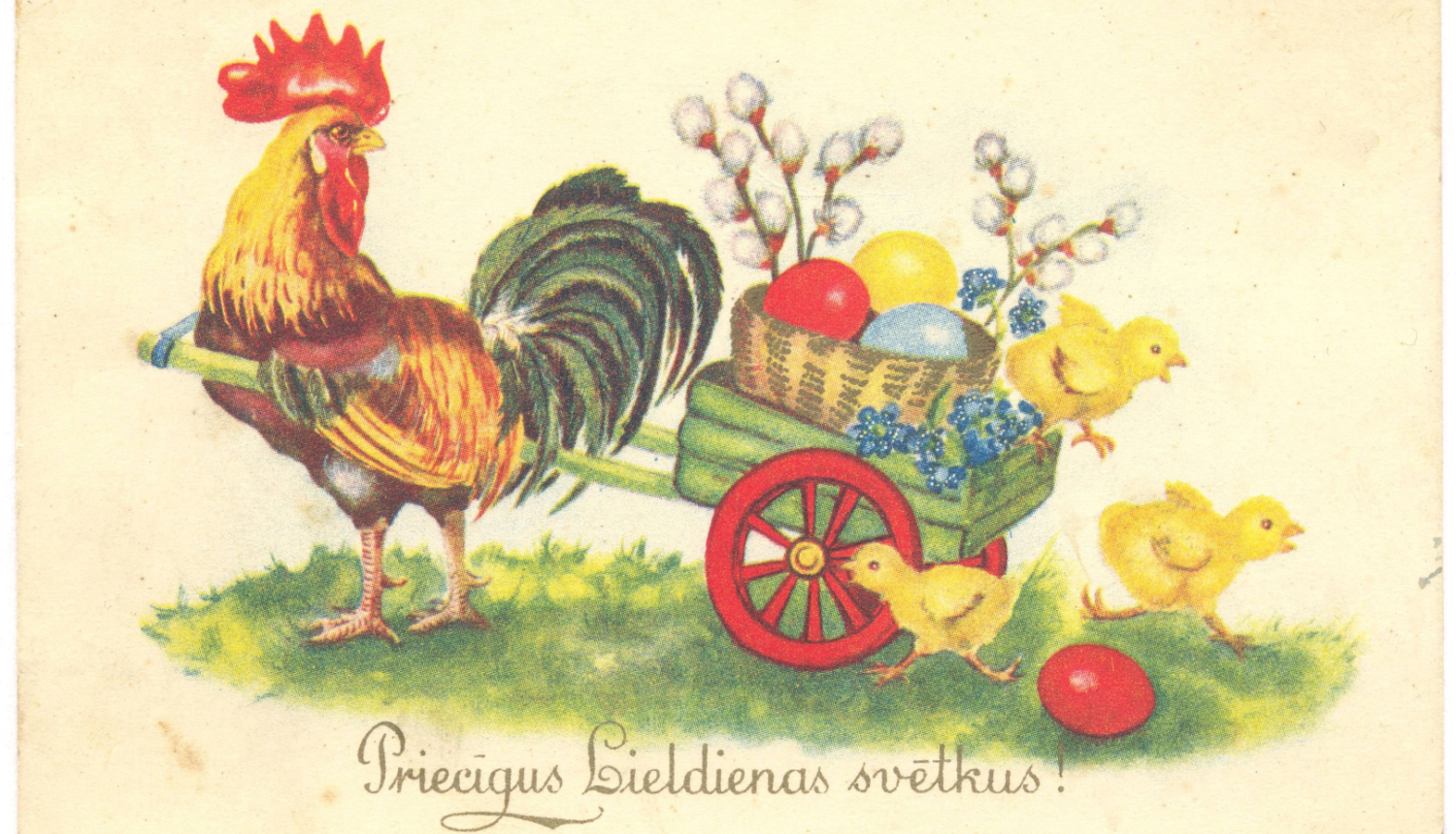 Lieldienu apsveikuma pastkarte. 20. gs. pirmā puse. No Rīgas vēstures un kuģniecības muzeja krājuma.