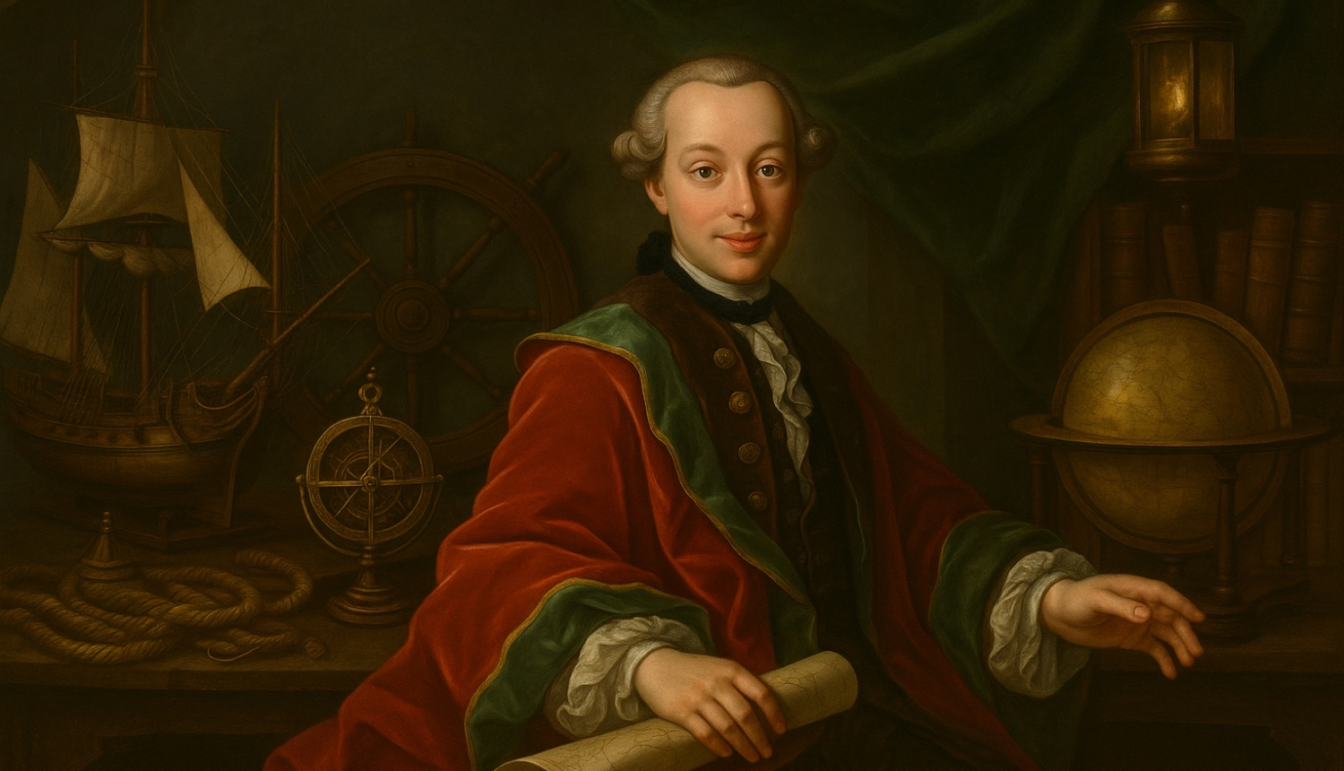 Rīgas vēstures un kuģniecības muzeja pamatlicēja un patrona, 18. gadsimta Rīgas ārsta un kolekcionāra Nikolausa fon Himzela portreta aktualizācija “Muzeju naktij 2025” ar devīzi “Mūsu vērtību stāsti”, radīta ar mākslīgā intelekta līdzdalību.