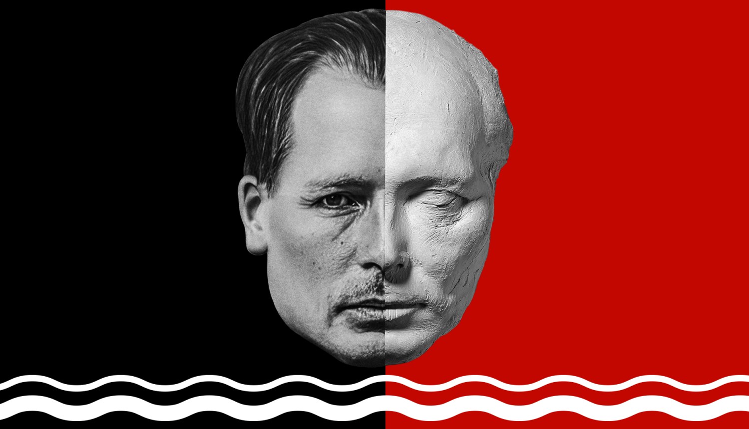 Kolāža no Andreja Upīša portreta foto un tēlnieka veidota portreta uz sarkanas un melnas krāsas fona