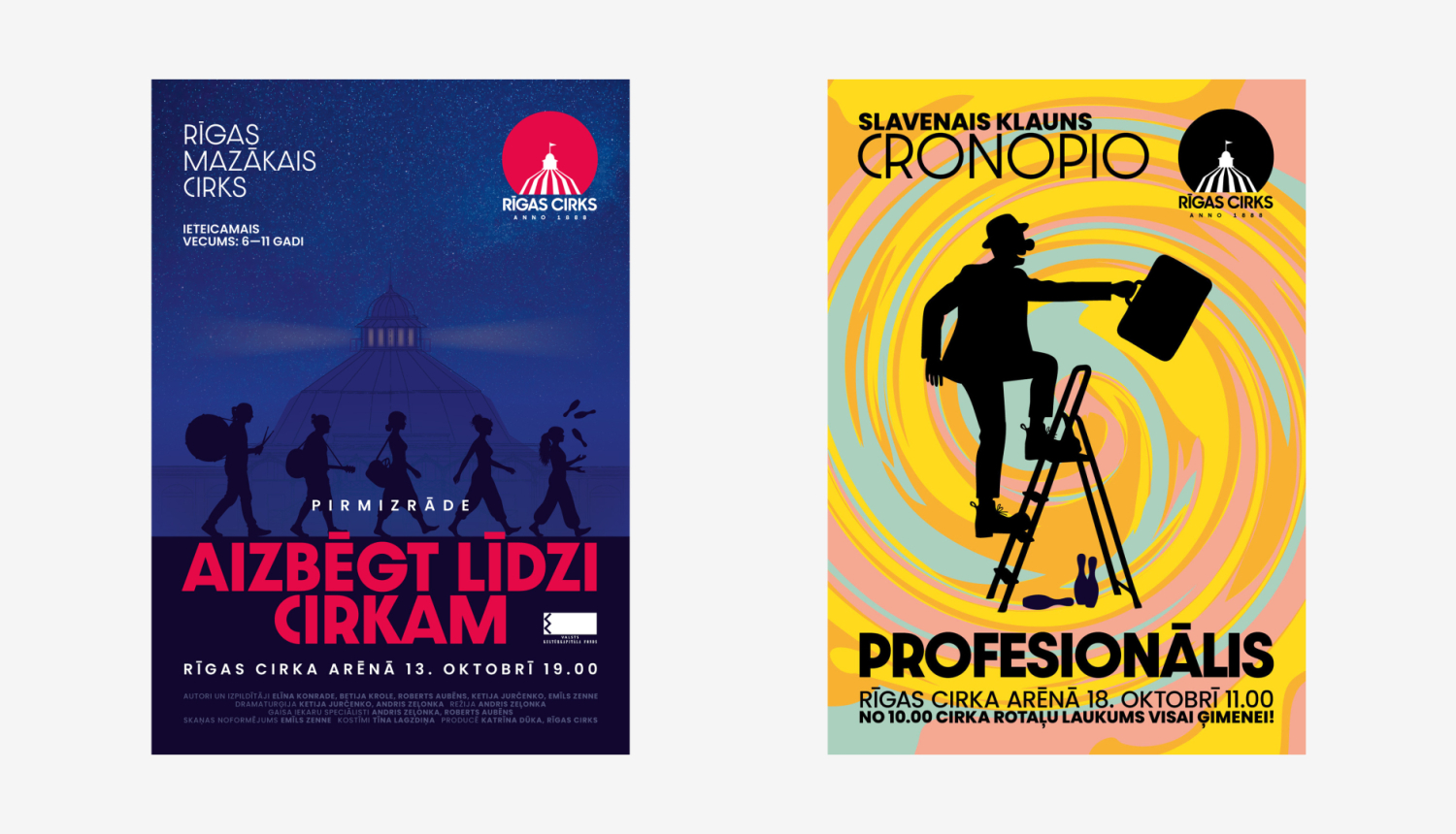Rīgas cirka izrāžu “Aizbēgt līdzi cirkam” un “Profesionālis” afišas fragmenti