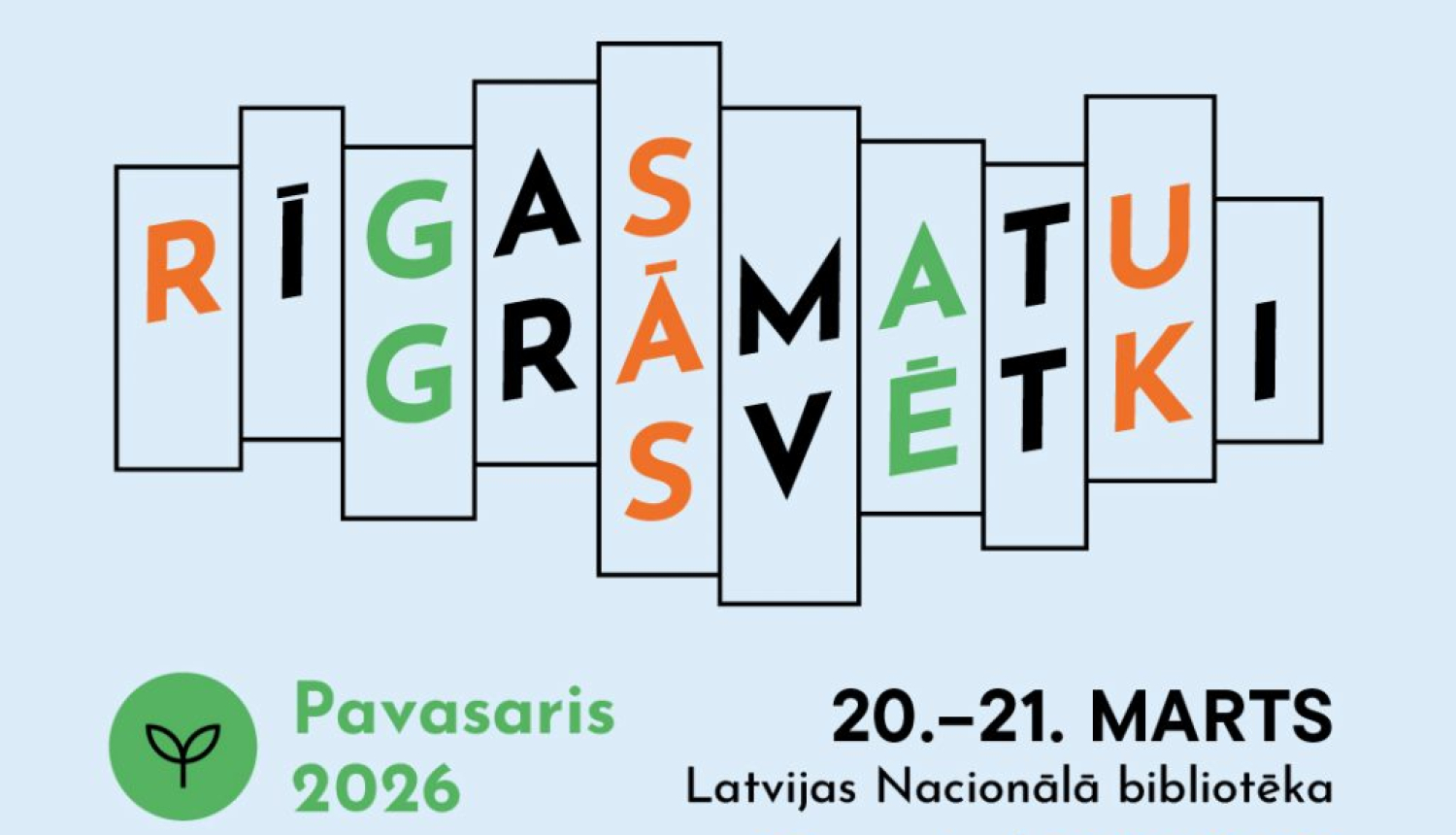 Logotips ar tekstu: Rīgas Grāmatu svētki – Pavasaris 2026, 20.-21. marts