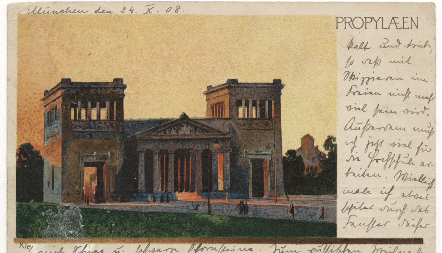 Pastkarte ar Minhenes Propilejiem. Heinriha fon Kleja akvarelis. Sūtījis Valters fon Bingners – Janim Rozentālam 1908. gada 24. oktobrī. RTMM 391077
