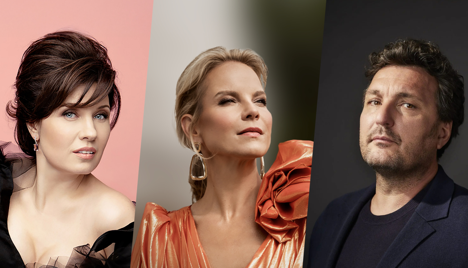 Operdziedātāji Marina Rebeka, Elīna Garanča un Ludoviks Tezjē - kolāža no trīs fotoportretiem