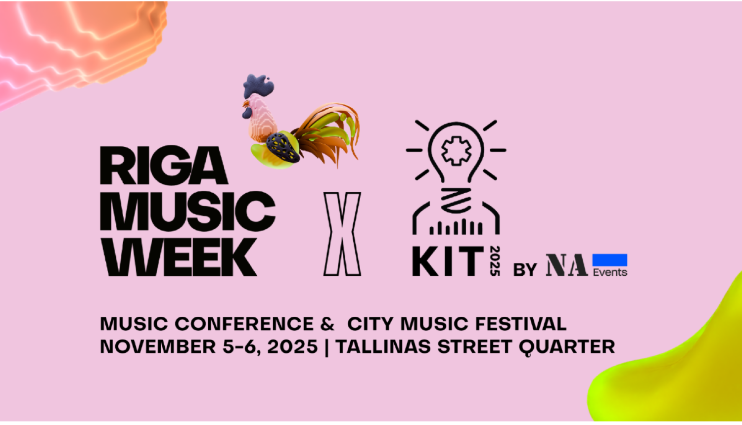 Mūzikas industrijas pasākuma “RIGA MUSIC WEEK” afiša ar tekstu “RIGA MUSIC WEEK” un gaiļa figūru