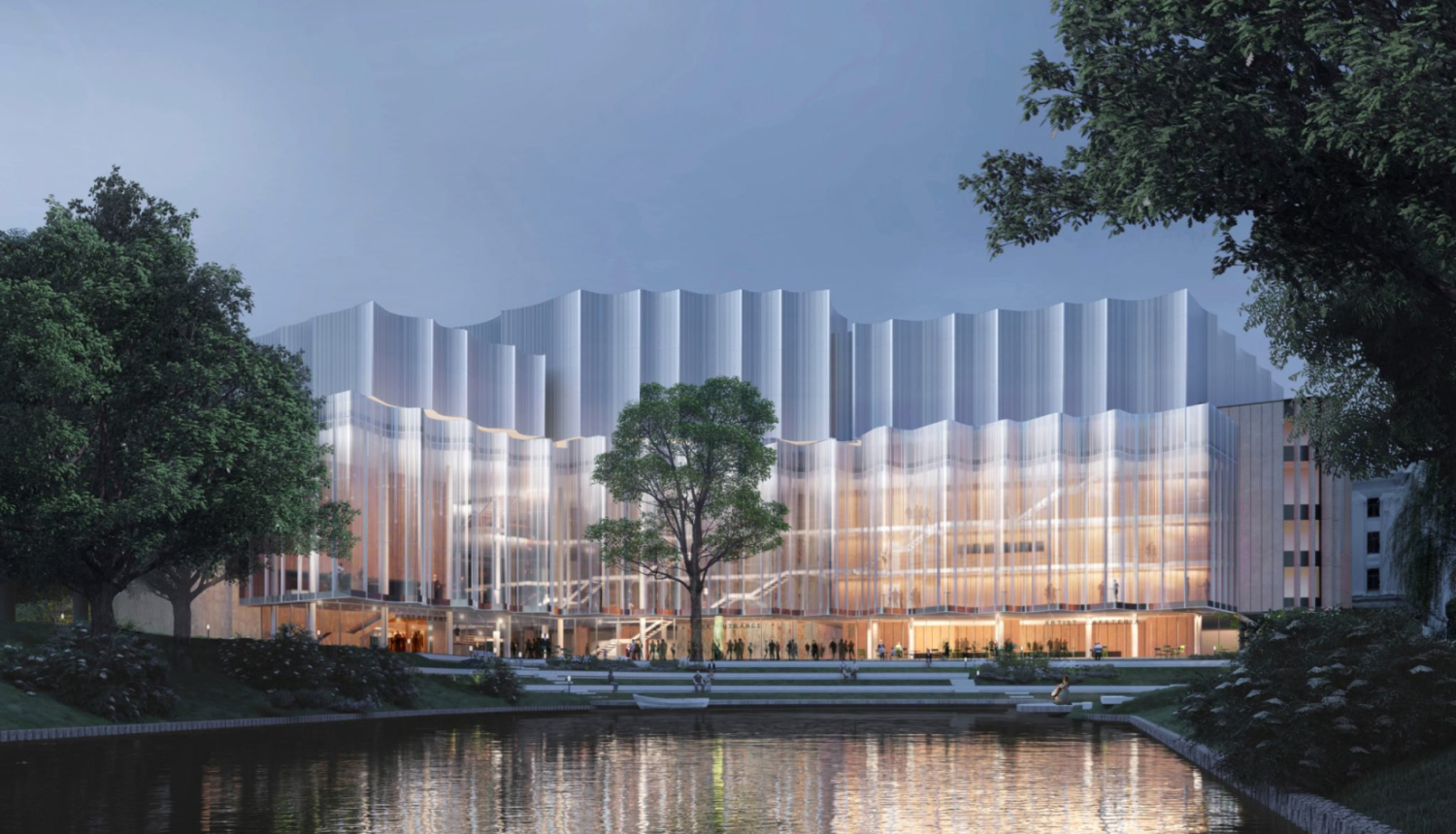 Rīgas filharmonijas vizualizācija, skats uz fasādi no ūdenstilpes puses