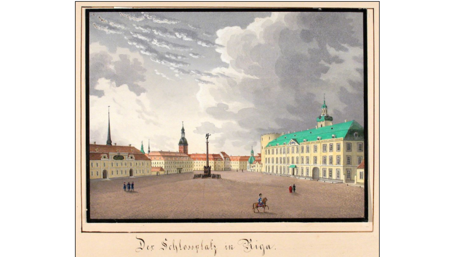 Senlaicīgs attēls ar Rīgas pili un priekšlaukumu, zīmējums