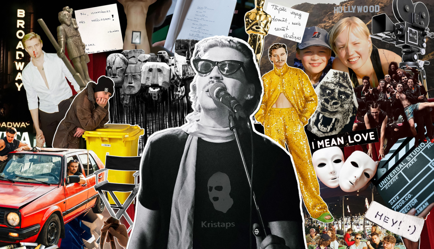 Izrādes publicitātes attēls - foto kolāža ar dažādiem priekšmetiem un cilvēkiem