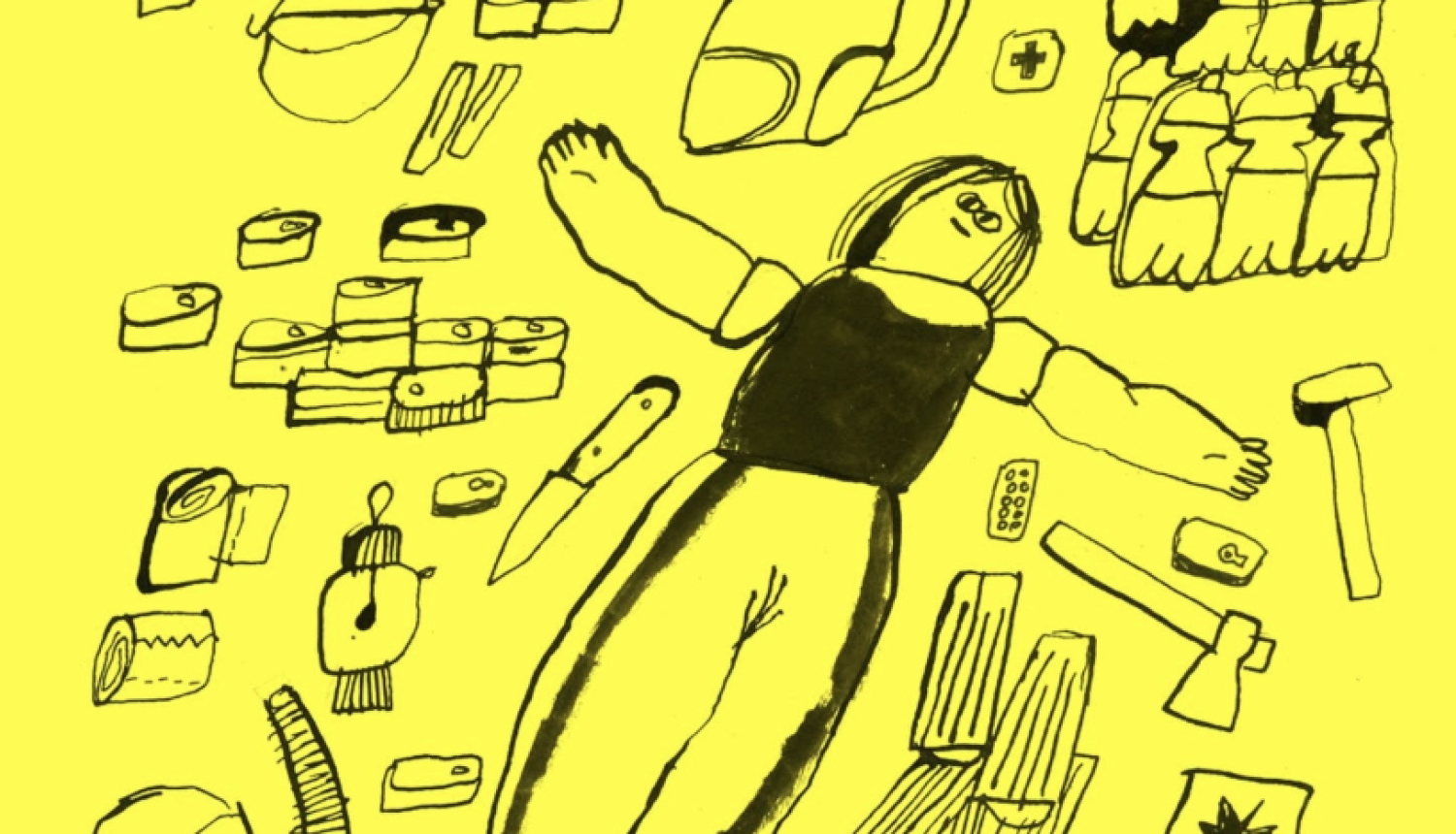 Ukraiņu mākslinieku grupas “Pictoric” izstāde “Safe place. Drošā vieta.” plakāts ar dažādiem pirmās nepieciešamības priekšmetiem, lai izdzīvotu kara apstākļos.