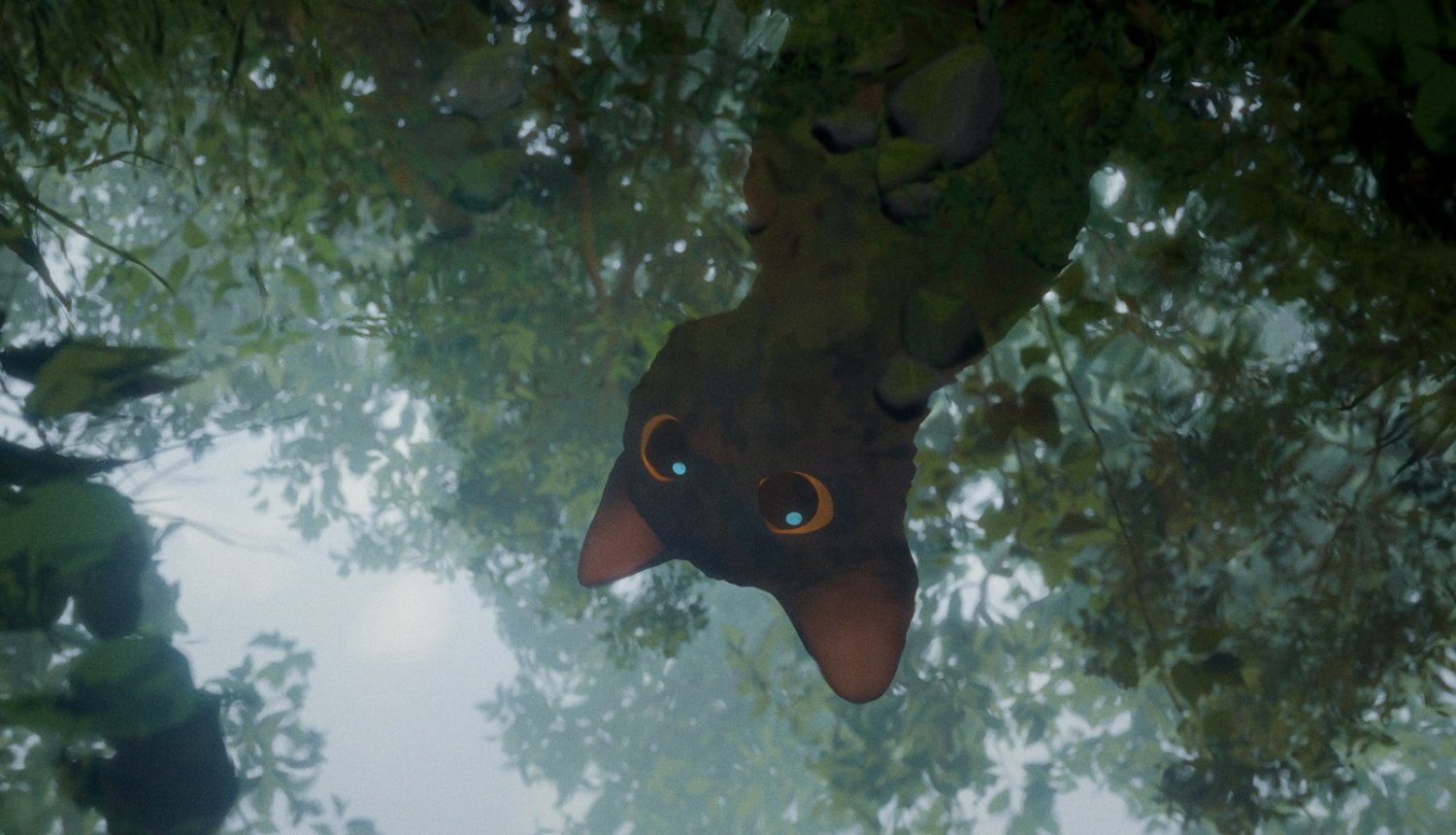 Kadrs no animācijas filmas "Straume" - Kaķis skatās uz savu atspulgu ūdenī