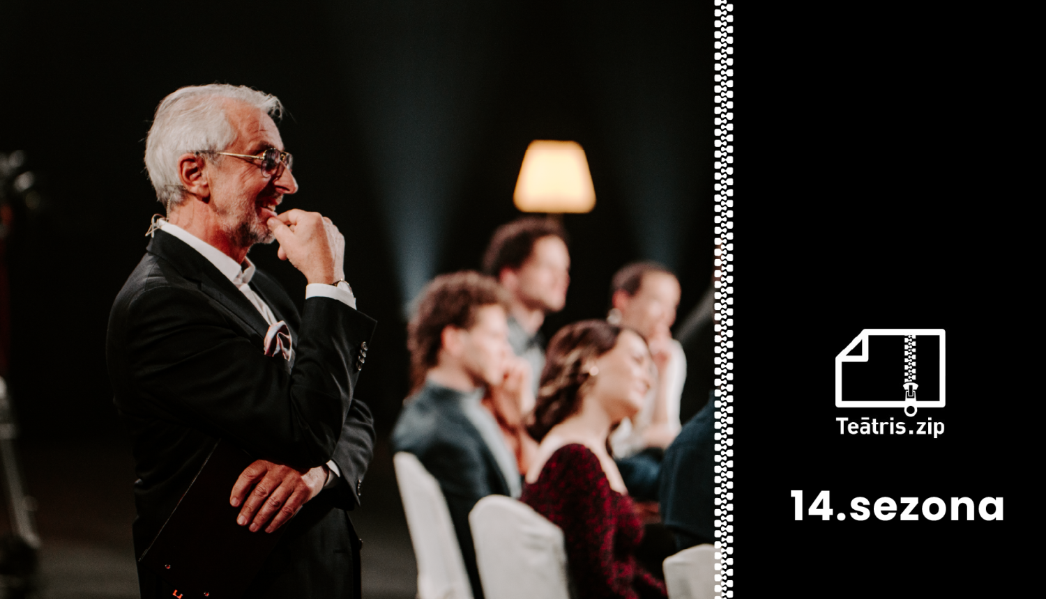 Teātra personība Ojārs Rubenis un Teātris.zip logo ar tekstu "14. sezona"