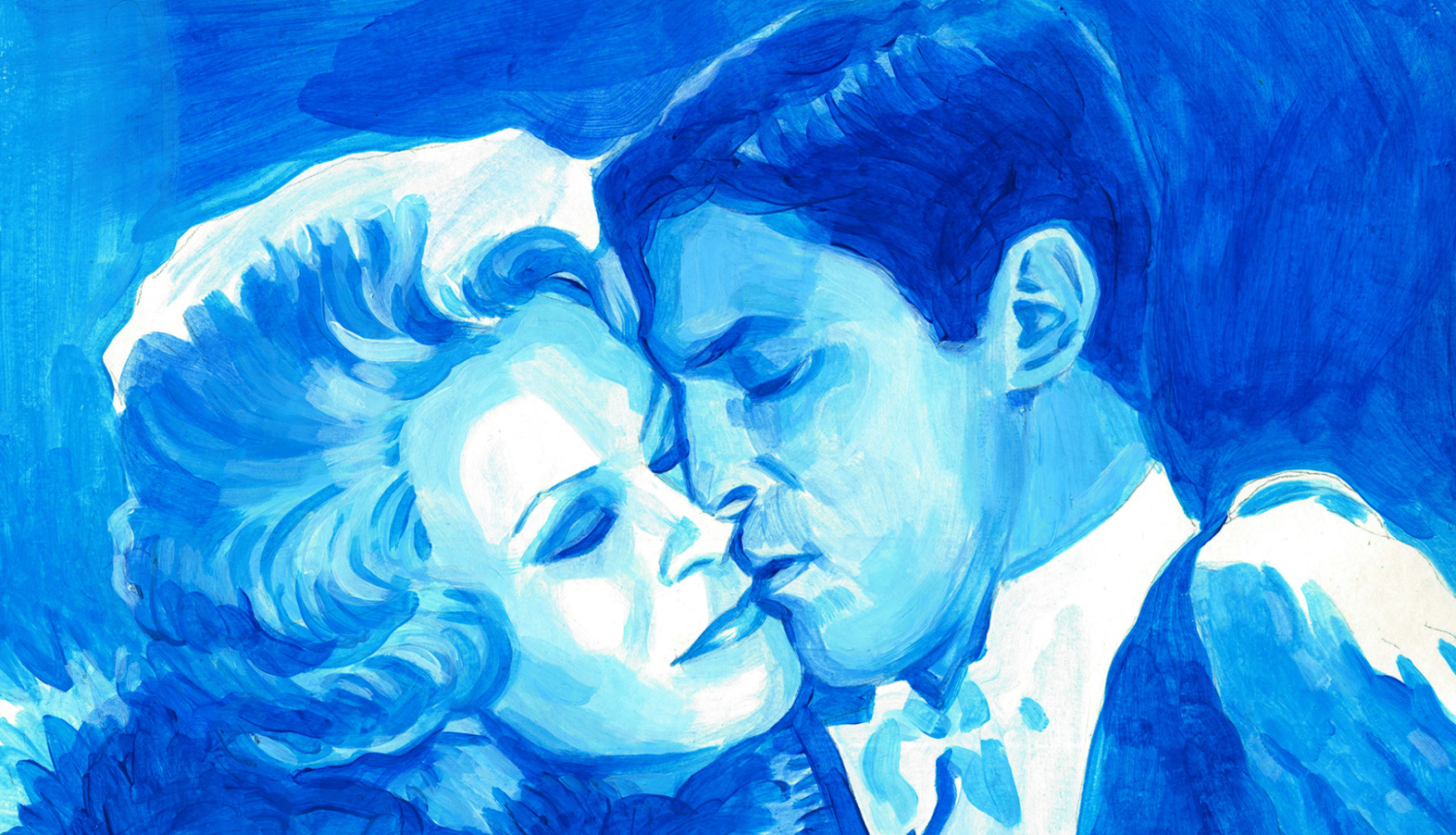Glezna zilos toņos, kurā redzam vīrieša un sievietes sejas, kas piekļāvušās viena otrai