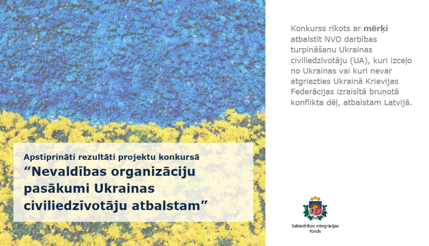 Ukrainas karoga krāsas fons un teksts: Projektu konkursā “Nevaldības organizāciju pasākumi Ukrainas civiliedzīvotāju atbalstam” apstiprināti 11 projekti