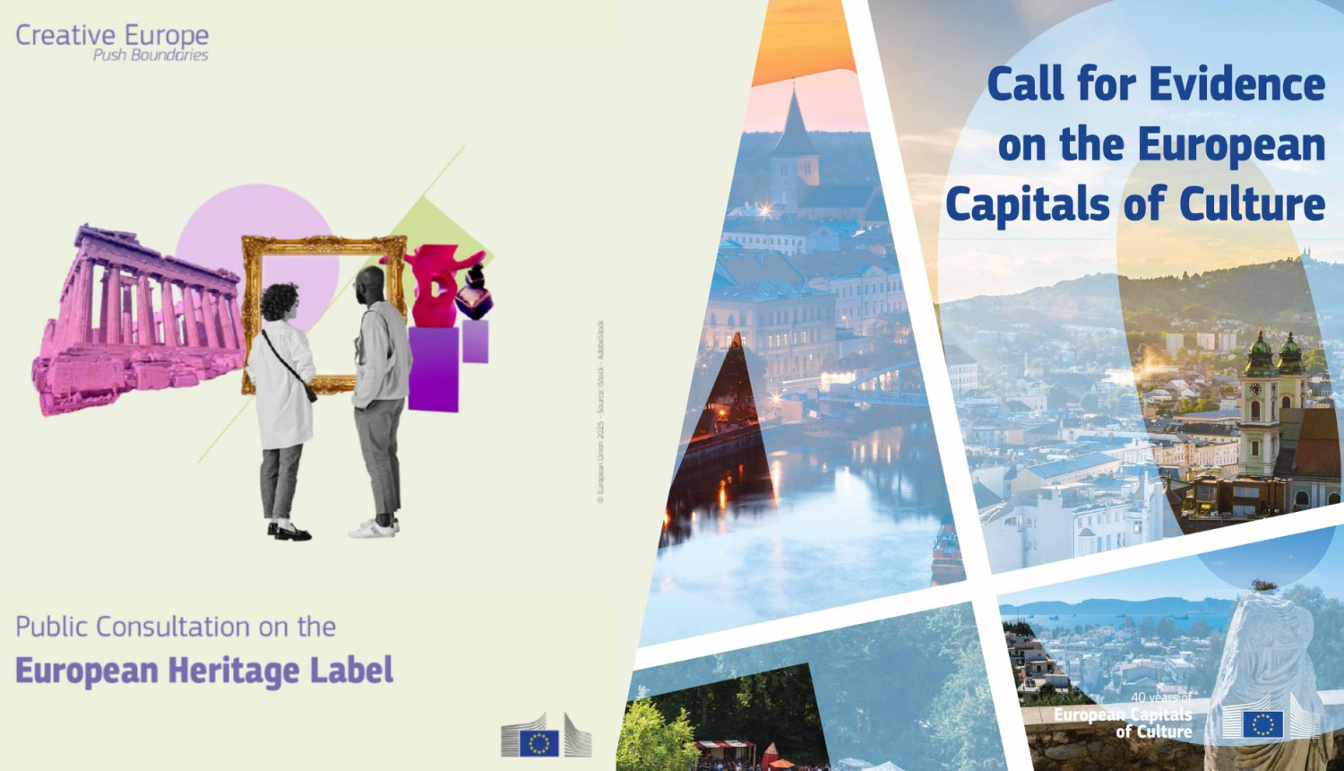 Vizuālais materiāls, kas apvieno 2 attēlus - kreisajā pusē atrodas Eiropas mantojuma zīmes vizuālais materiāls - kolāža, kas uz gaiši dzeltenā fona attēlo divus cilvēkus, kas skatās uz akropoli, gleznas rāmi, un citiem objektiem. Labajā pusē atrodas Eiropas kultūras galvaspilsētu vizuālais materiāls, kas apvieno 4 pilsētu fonus, kuru priekšā ir caurspīdīgs cipars 40.