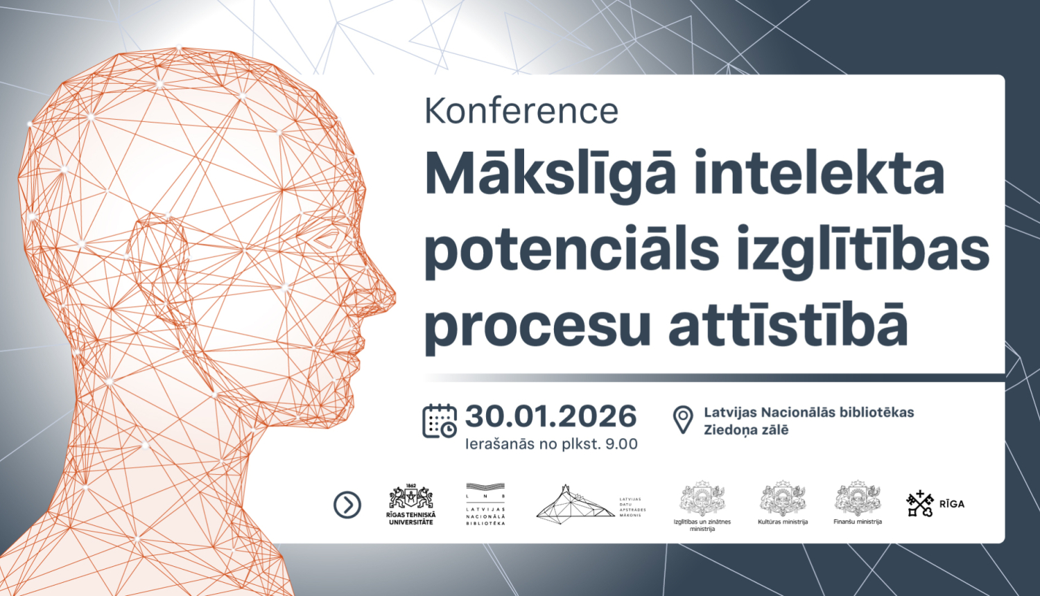 Konferences afiša ar stilizētu cilvēka portretu un tekstu: konference "Mākslīgā intelekta potenciāls izglītības procesu attīstībā"
