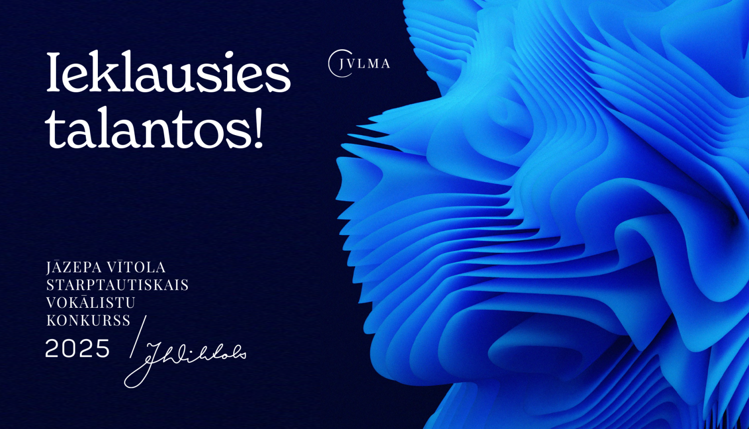 Jāzepa Vītola starptautiskais vokālistu konkursa vizuālais materiāls ar abstraktām formām zilā krāsā