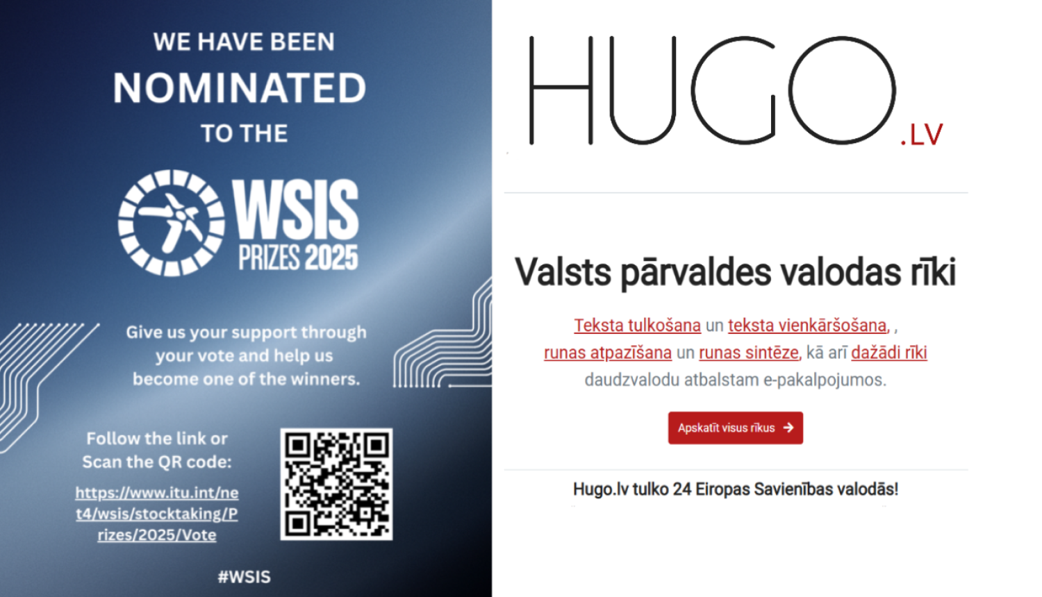 WSIS balvas aicinājums balsot un Hugo.lv tīmekļvietnes sākumlapas fragments