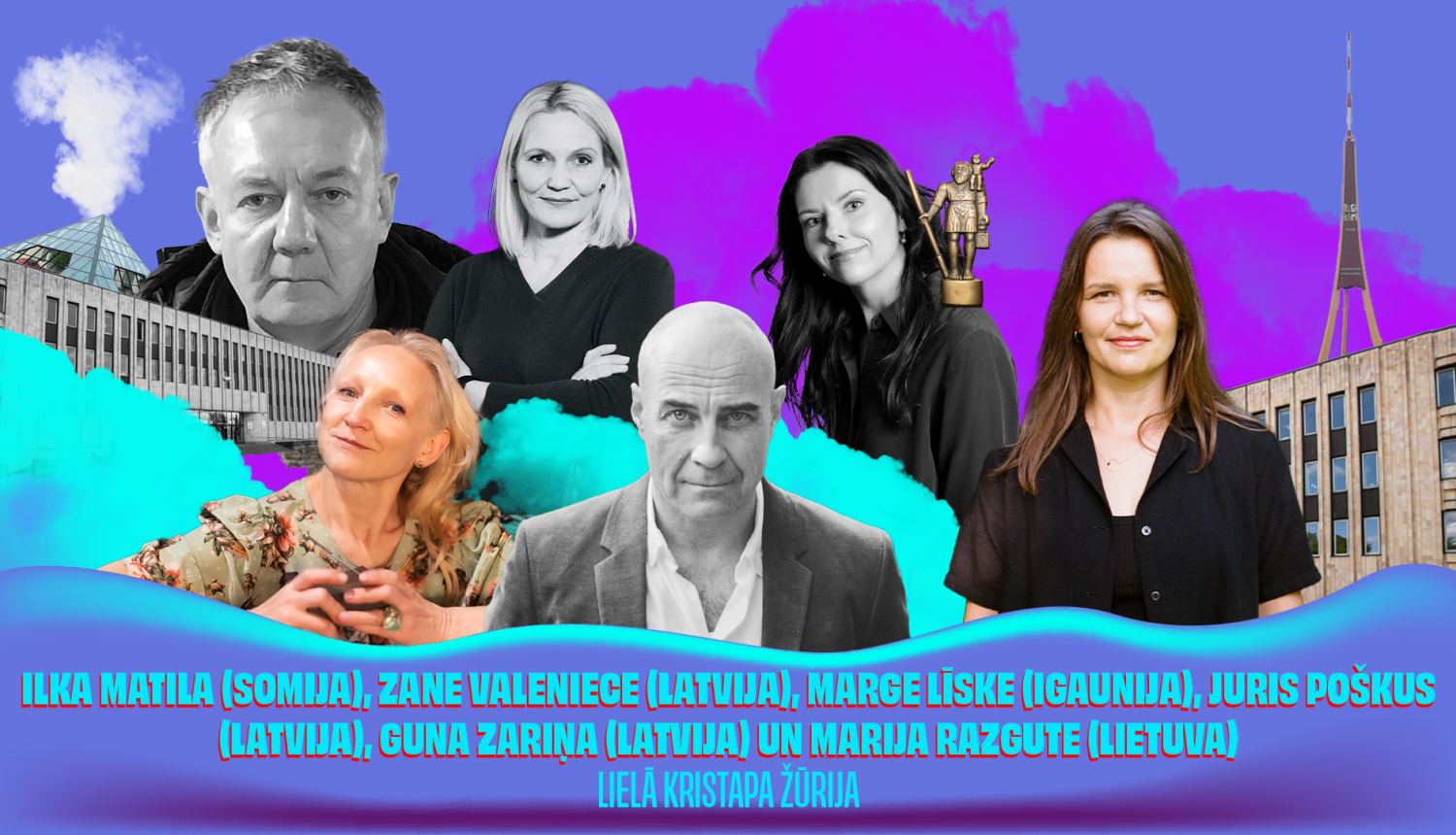 Seši Lielā Kristapa žūrijas locekļu portreti uz Rīgas ainavas fona