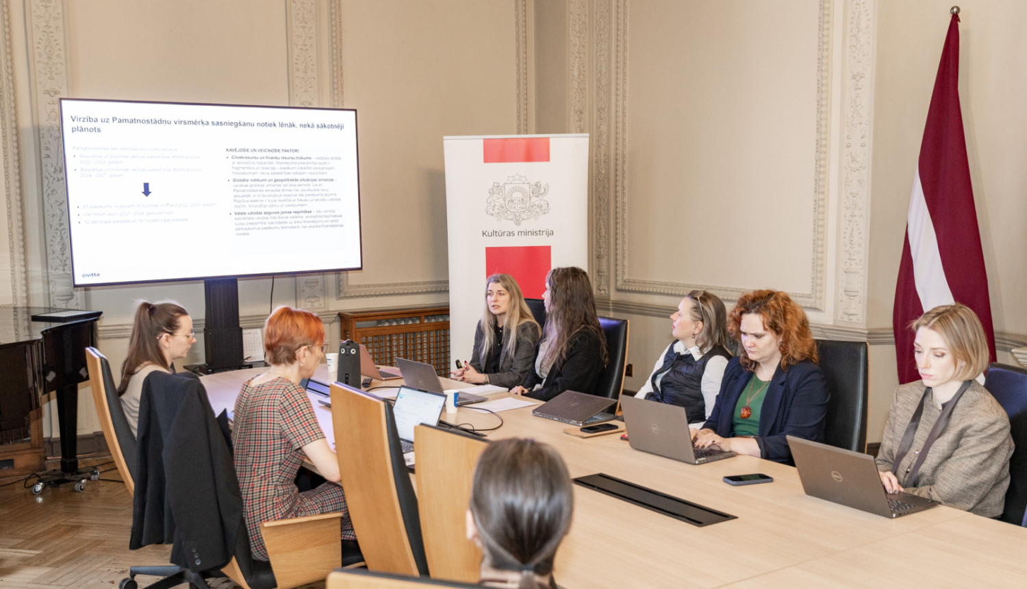 Saliedētas un pilsoniski aktīvas sabiedrības attīstības pamatnostādņu īstenošanas uzraudzības padomes locekļi kārtējā sanāksmē Kultūras ministrijas Lielajā zālē