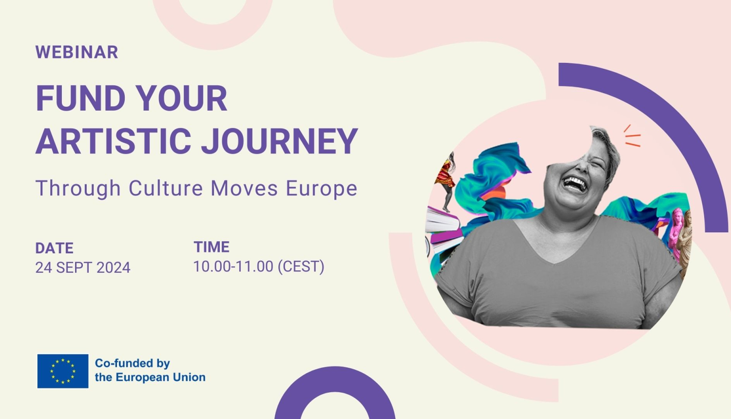 Vebināra par Culture Moves Europe vizuālais materiāls, kas attēlo vebināra nosaukumu un pasākuma norises laiku