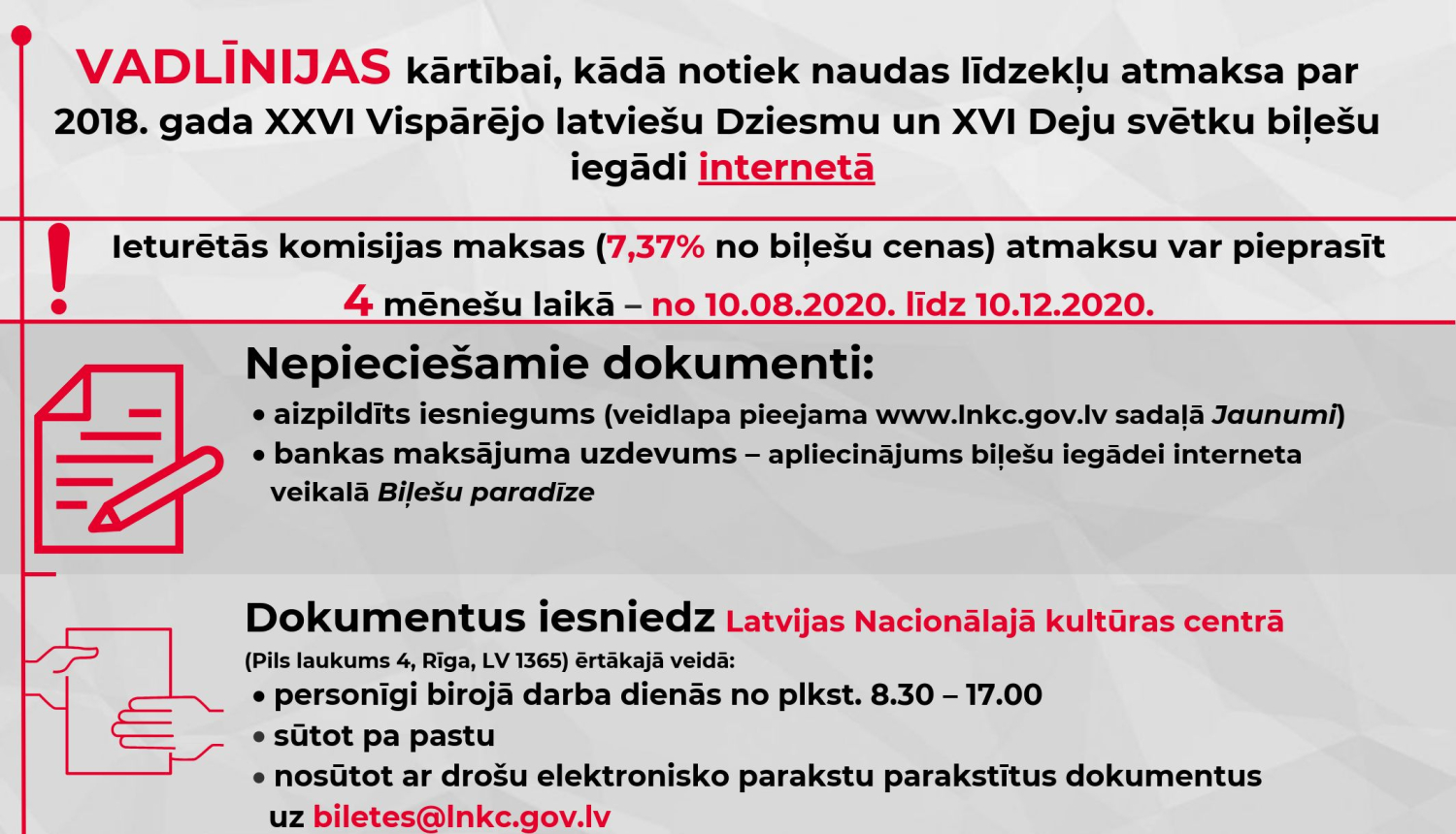 LNKC uzsāks pārmaksāto naudas līdzekļu atmaksas procesu par 2018. gadā internetā iegādātajām XXVI Vispārējo latviešu Dziesmu un XVI Deju svētku biļetēm