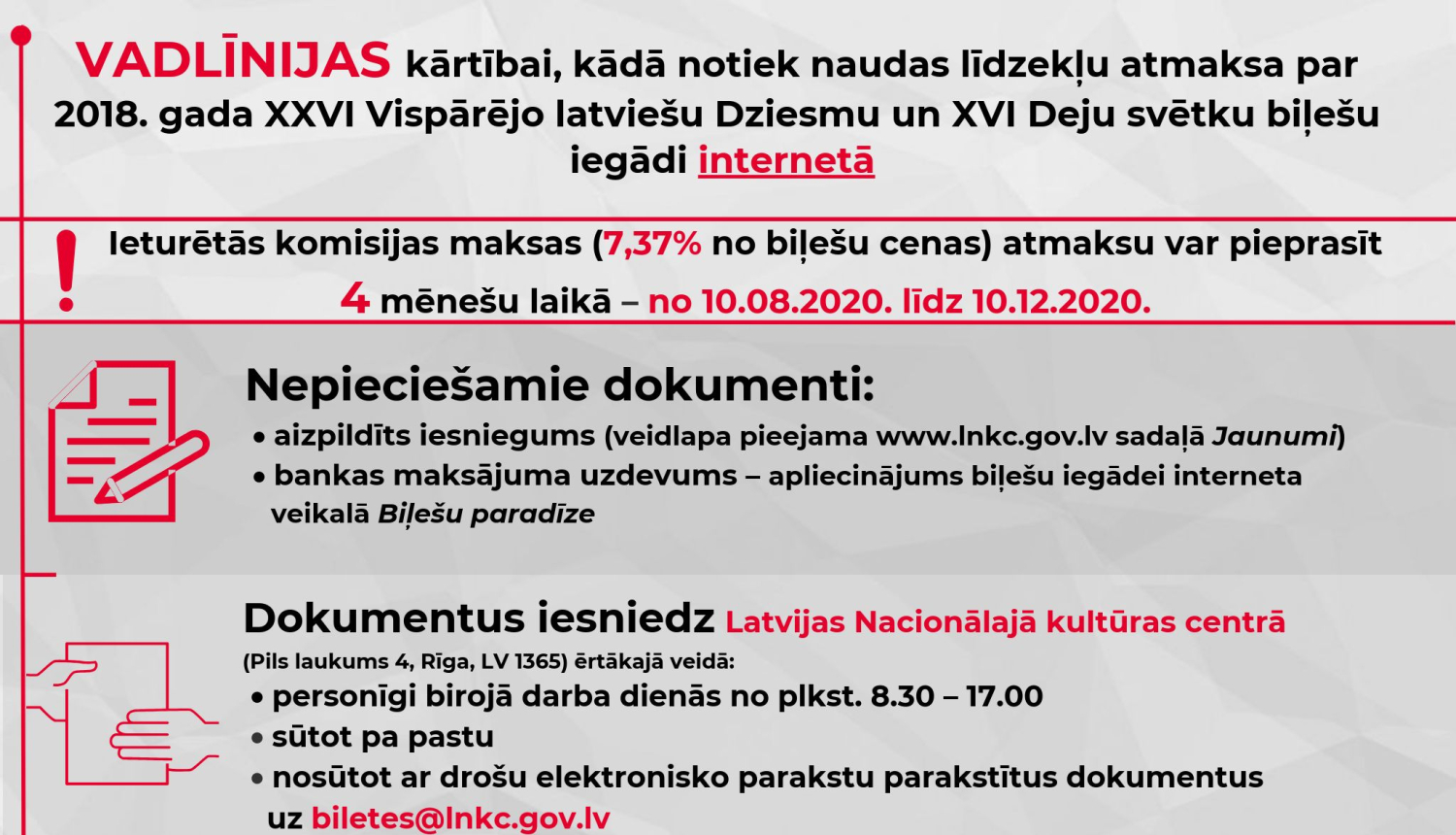 Turpinās pārmaksāto naudas līdzekļu atmaksas process par 2018. gadā internetā iegādātajām Dziesmu un Deju svētku biļetēm