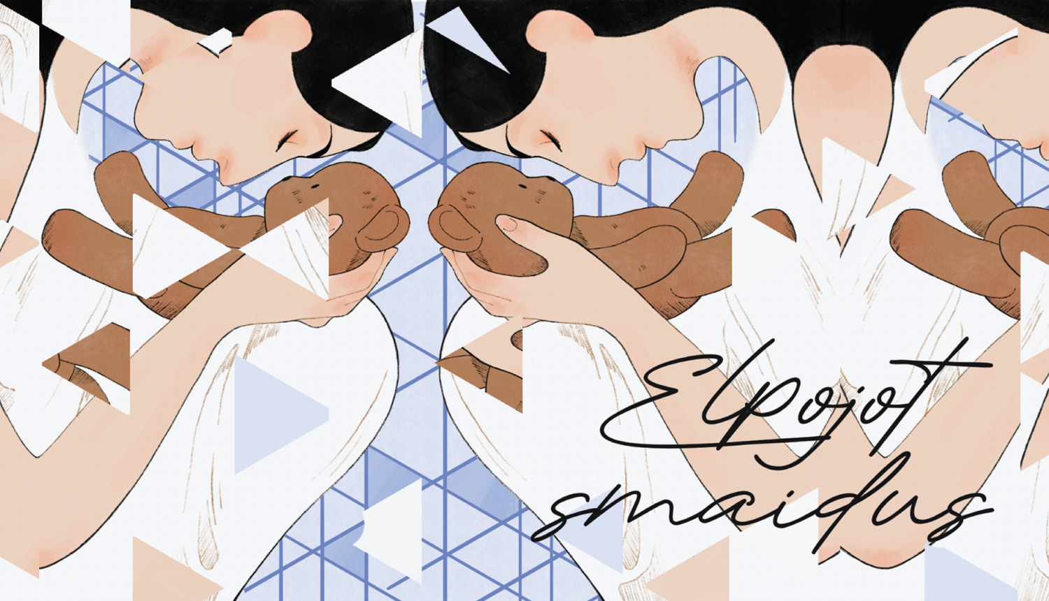 Izrādes vizuālais materiāls - sievietes tēls ar mīksto rotaļlietu - lācīti