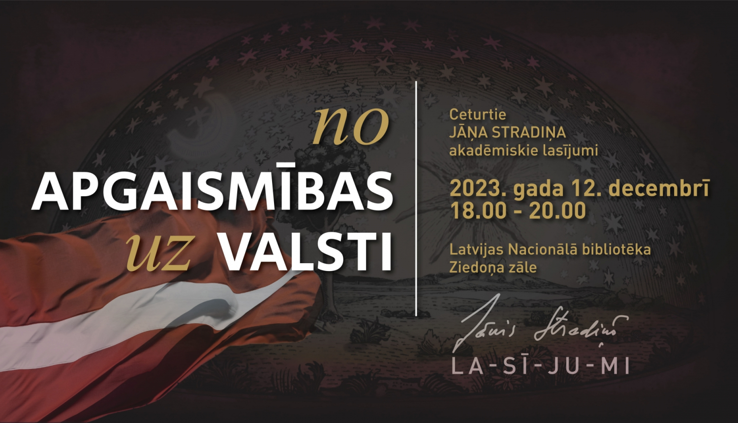 Afiša ar tekstu "Latvijas Nacionālajā bibliotēkā notiks Ceturtie Jāņa Stradiņa akadēmiskie lasījumi"