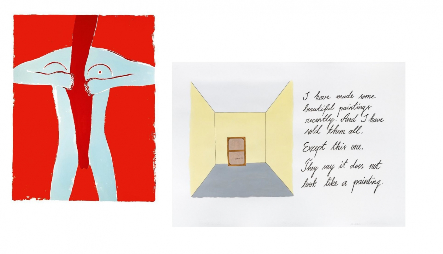 Helēna Heinrihsone “Viena” 2022, papīrs, sietspiede; Marko Mäetamm “Viņi saka. Nr.1”, 2021, papīrs, akrils.