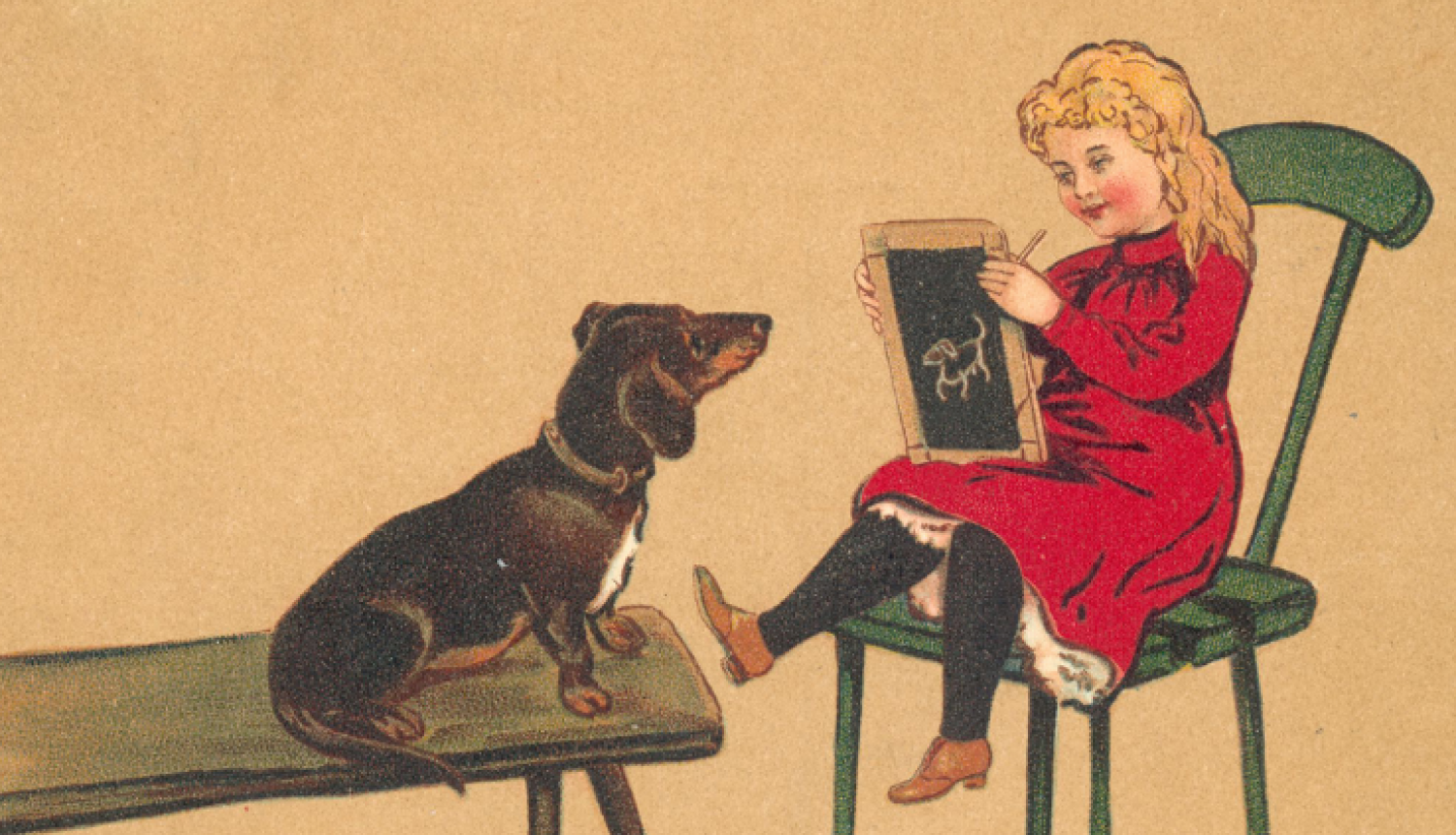 Pastkarte ar meitenīti sarkanā kleitā un sunīti, Rīga, 20. gs. sākums. RVKM krājums.