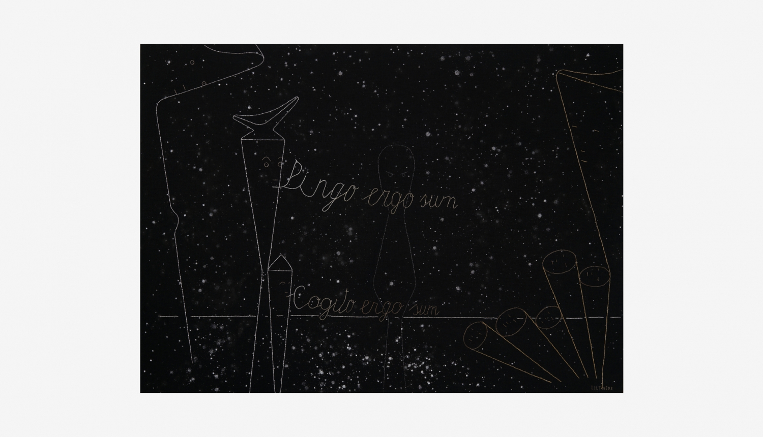 Ieva Iltnere, Pingo,ergo sum. Pēc 2002. gada gleznas motīviem. 2022, lins, kokvilnas diegs, auduma krāsa, 130x180 cm.