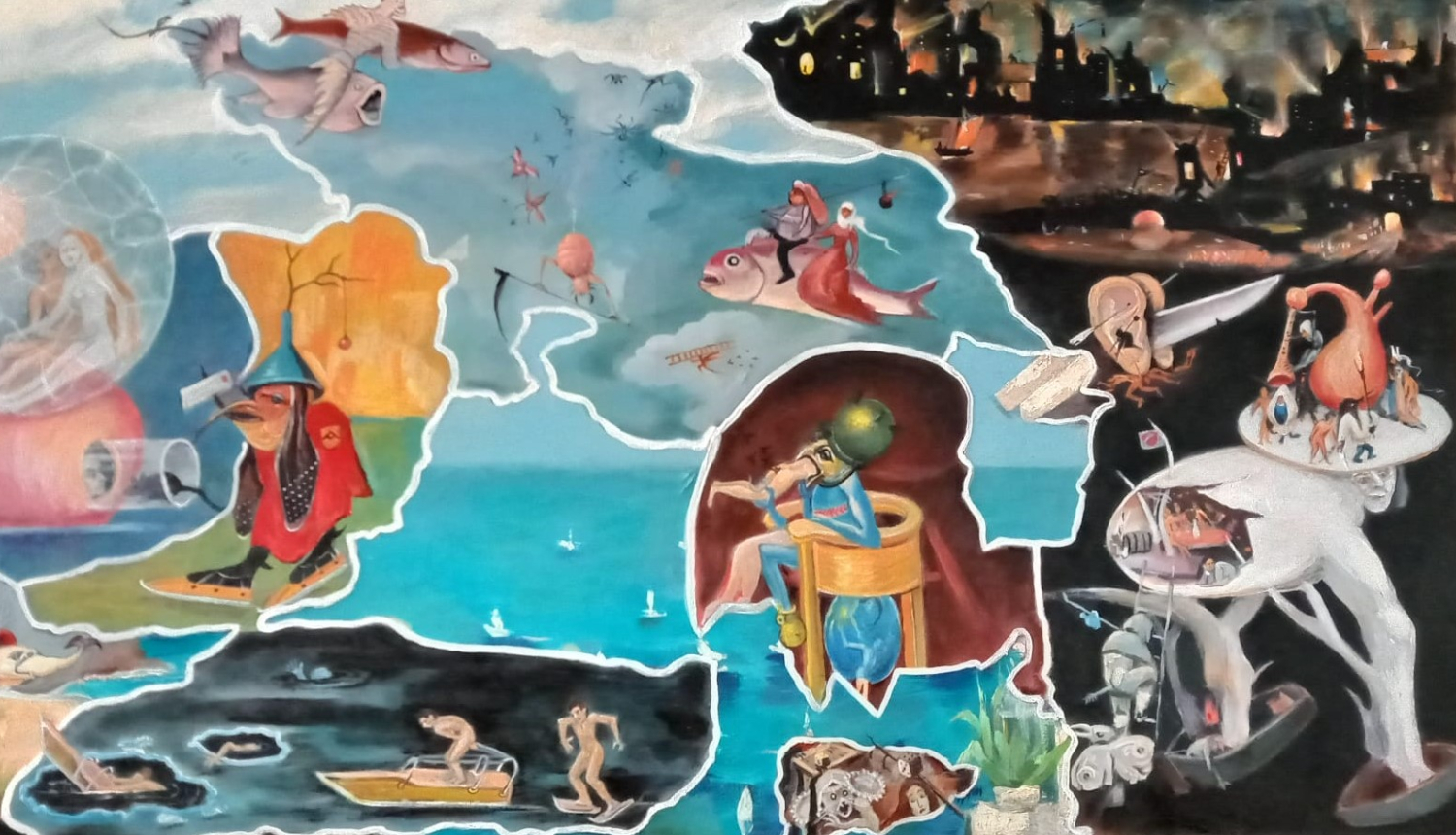 Gleznas fragments no Signes Zuševicas gleznu izstādes “Viduslaiku mistērijas Hieronīma Bosa pēdās”