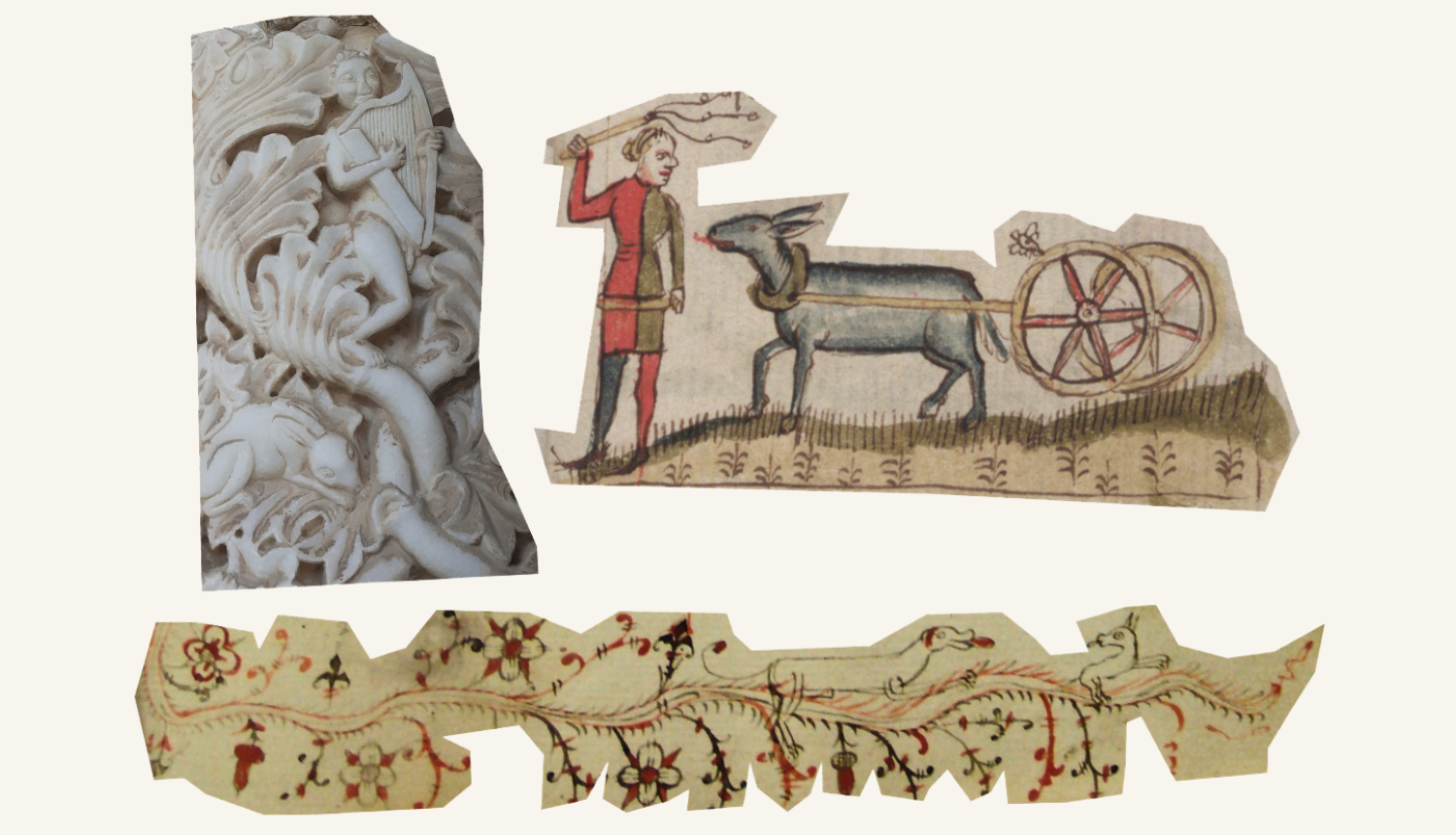 Kolāža: Liras spēlmanis un zaķis, vīrs un ēzelis, suns dzen suni