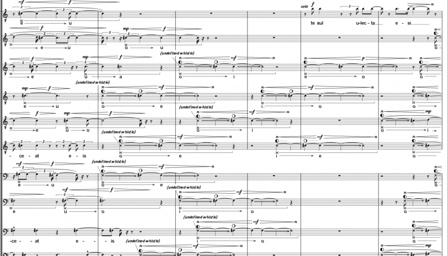 Notis no sarežģīta skaņdarba — blīvi nošu raksti vairākām balsīm