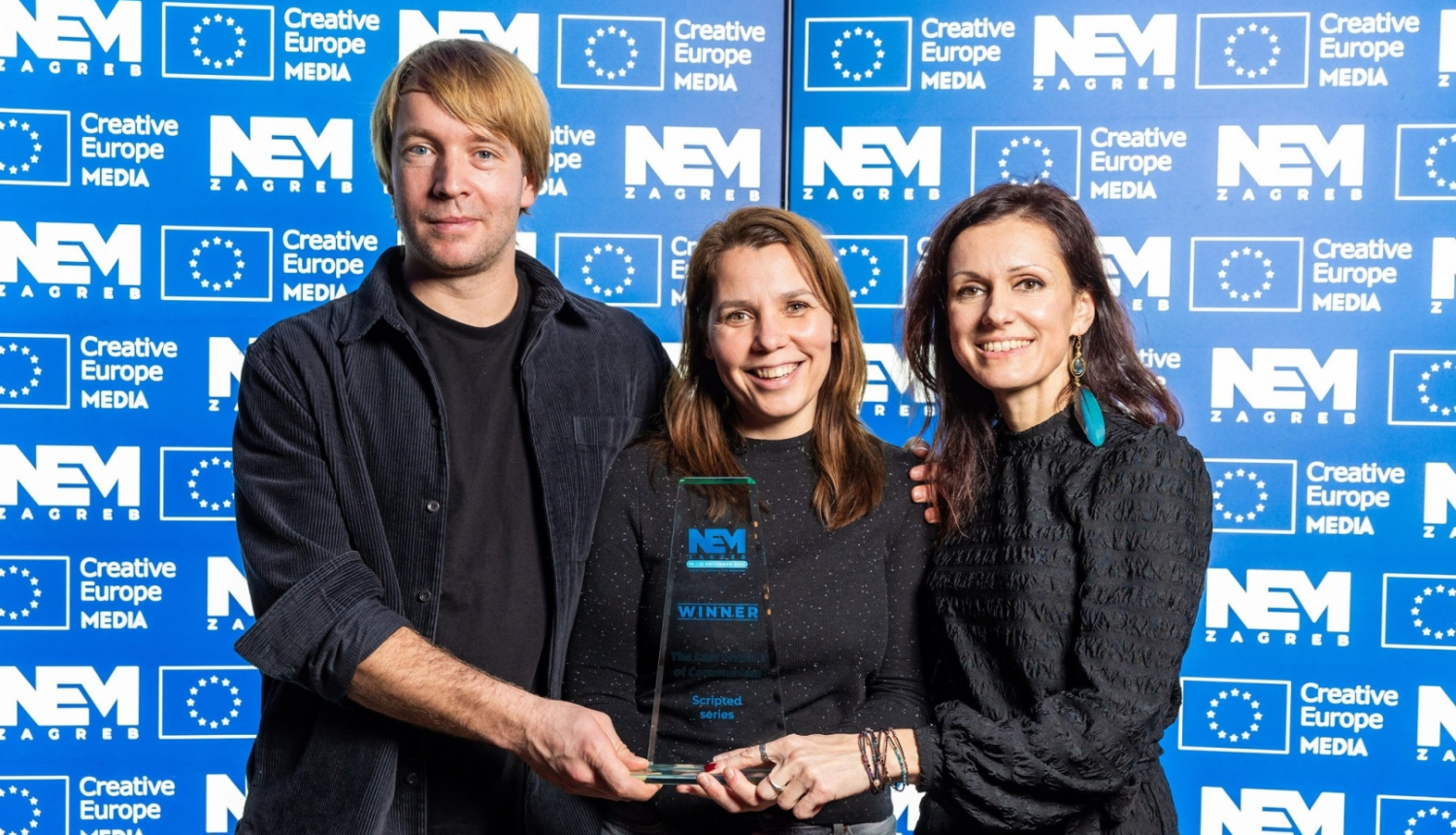 Režisors Staņislavs Tokalovs, producente Aija Bērziņa un scenāriste Teodora Markova Zagrebā pasākumā New Europe Market (NEM Zagreb).