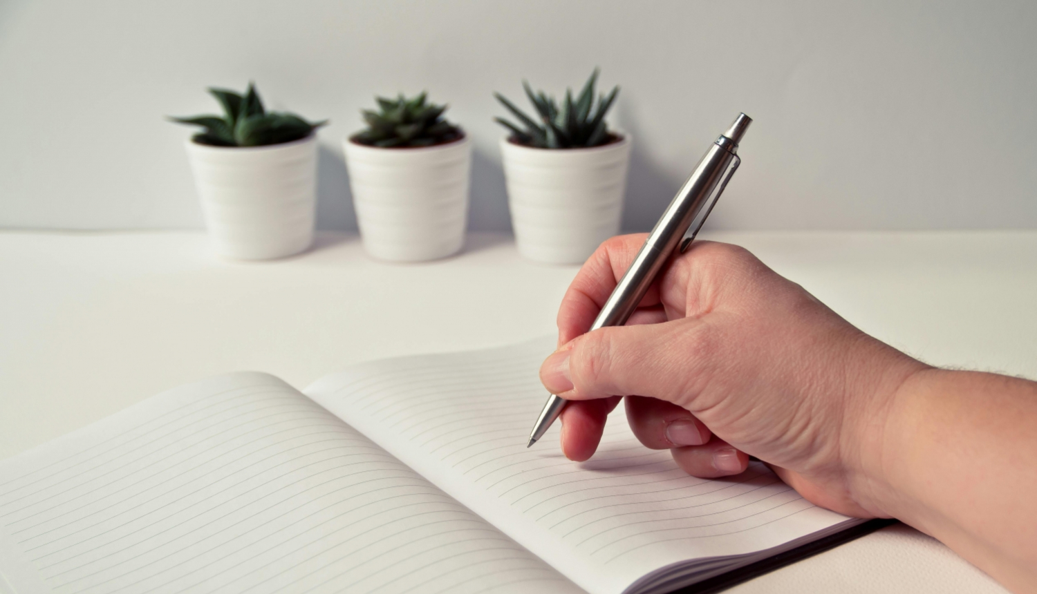 Roka, klade, pildspalva, trīs puķu podi uz galda