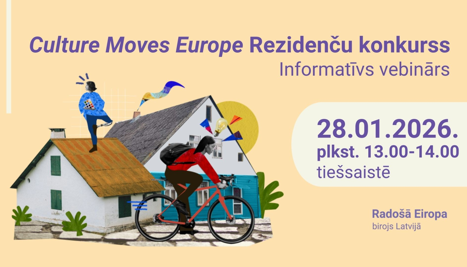 Vizuālais materiāls informatīvam pasākumam par Culture Moves Europe Rezidenču konkursu - attēlā ir redzams pasākuma nosaukums un norises laiks - 28. janvārī no plkst. 13.00 līdz 14.00 tiešsaistē. Uz gaiši oranžā fona ir izvietota kolāža - cilvēks, kas brauc ar riteni, divu māju priekšā. Uz vienas mājas jumta dejo māksliniece.