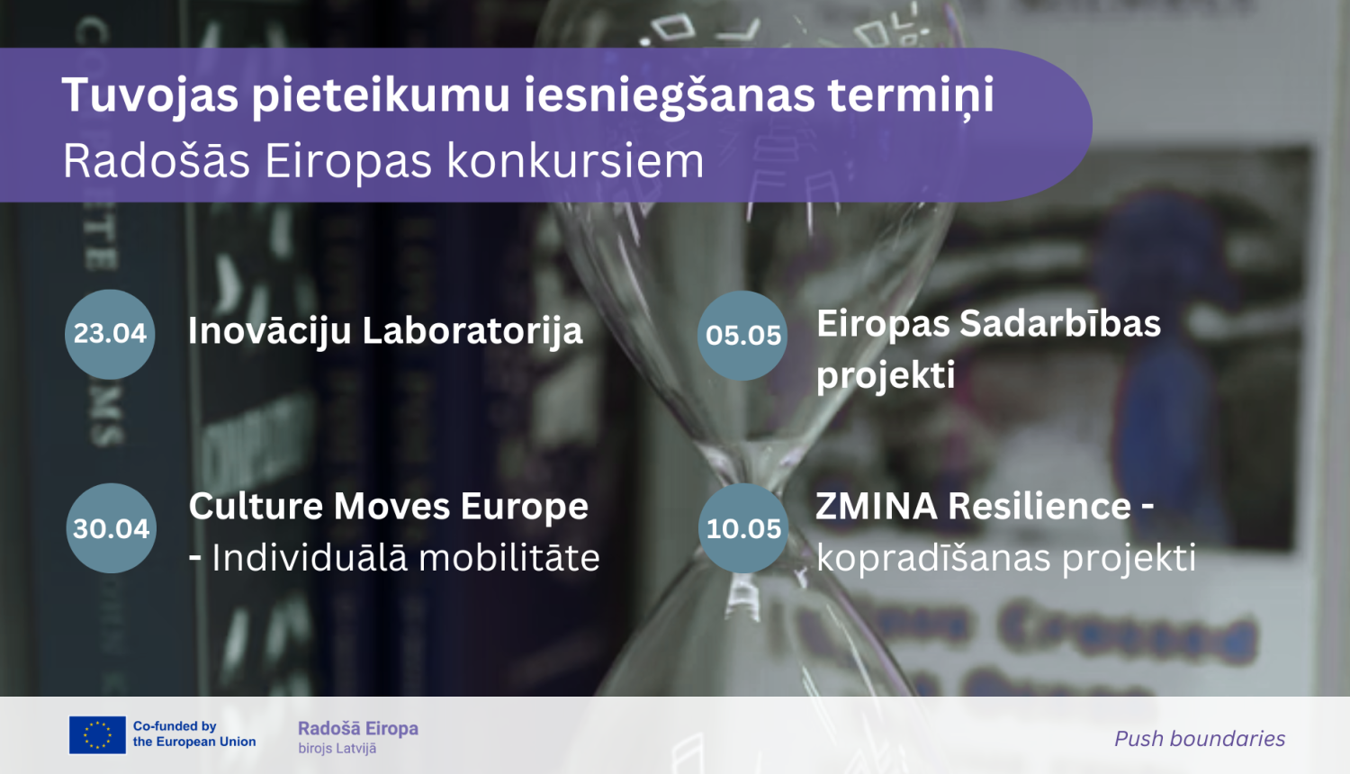 Vizuālais materiāls ar informāciju par pieteikumu iesniegšanas termiņiem Radošās Eiropas konkursiem. Bildes fonā ir smilšu pulkstenis un grāmatas; uz attēla ir izvietots teksts par 4 konkursu pieteikumu iesniegšanas termiņiem