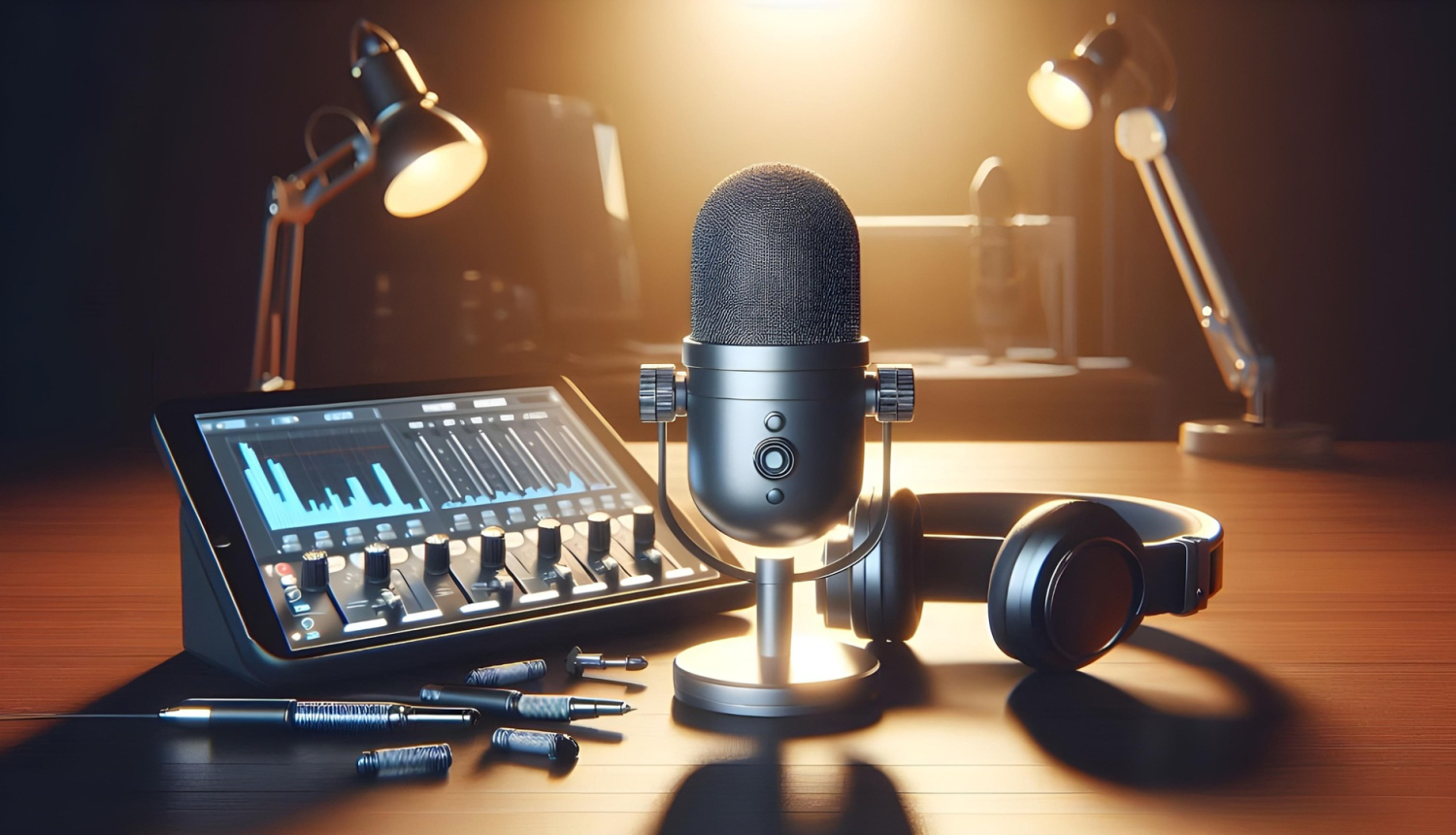 Skaņu pults, lampa, mikrofons un austiņas uz darbagalda