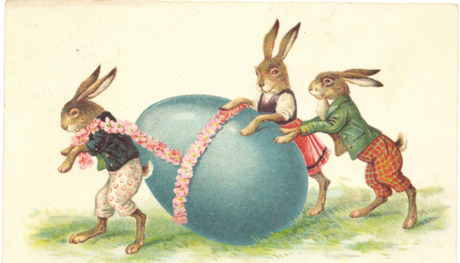 Senlaicīga Lieldienu atklātnīte, zaķi un ola