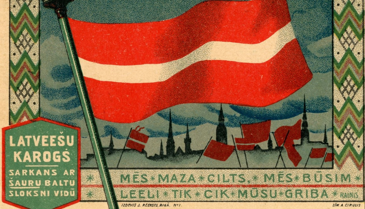 Pastkarte “Latviešu karogs”. Anša Cīruļa zīmējums. Izdevis Jānis Rieksts 1918. gadā. Rīgas vēstures un kuģniecības muzeja krājums.