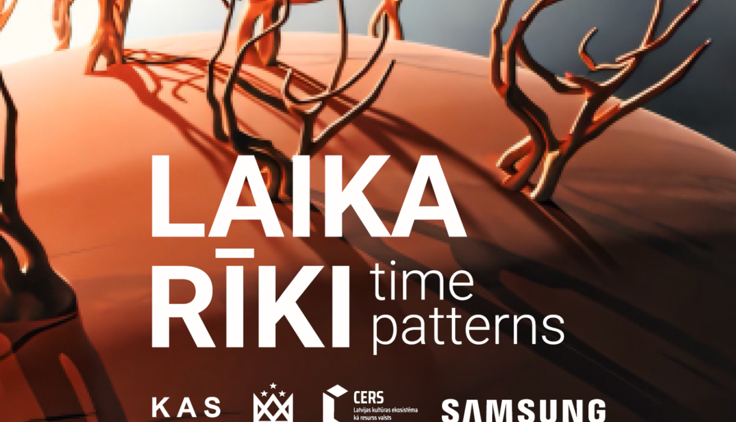 Izstādes afiša ar animācijas darba fragmentu un tekstu “Laika rīki”