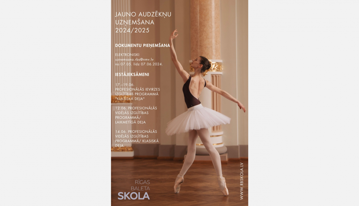 Rīgas Baleta skola izsludina jauno audzēkņu uzņemšanu 2024./2025. mācību gadam - afiša