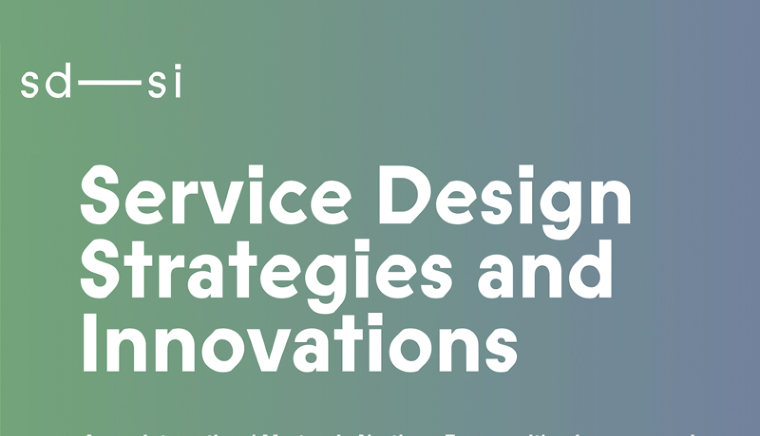 Uzraksts "Service Design Strategies and Innovations" uz zaļa un zila fona