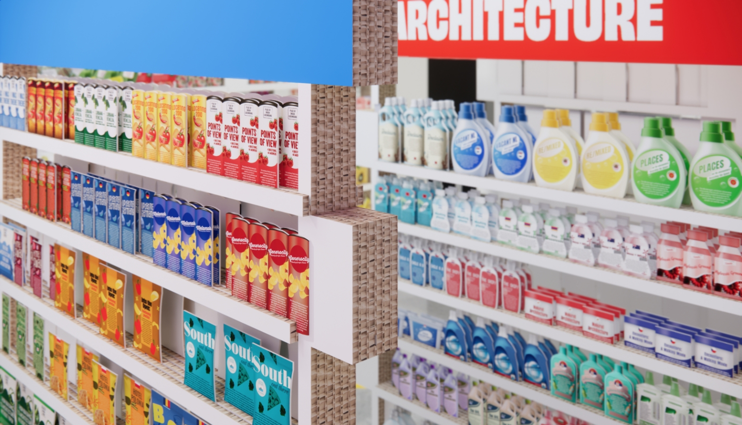 Stilizēts lielveikala plaukts ar produktiem