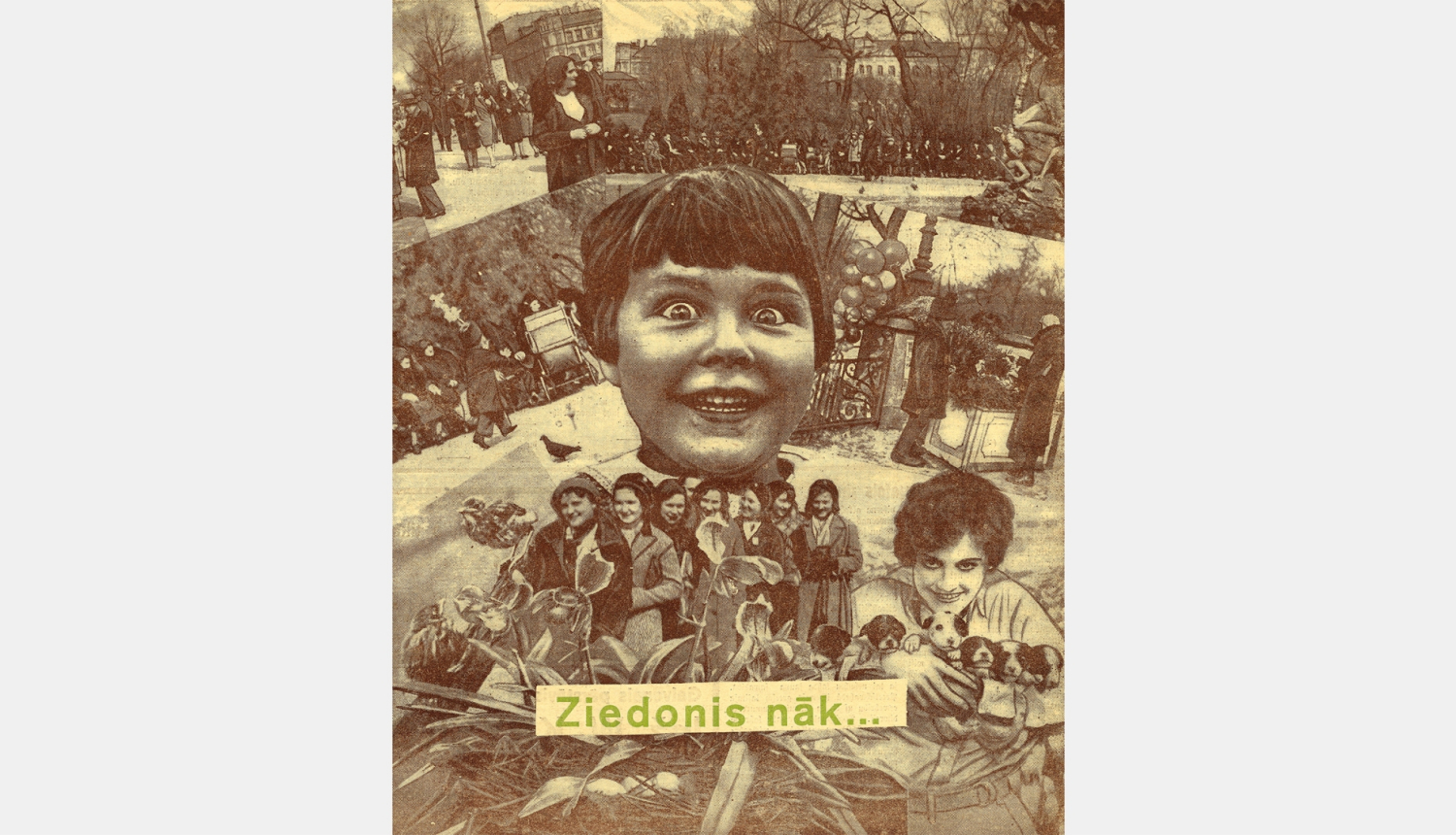 Roberts Aleksandrs Rīdels. Ziedonis nāk! Fotomontāža. Reproducēts: Pasaules Pasts. Nr. 2, 26.04.1931. Attēls: Latvijas Nacionālā bibliotēka