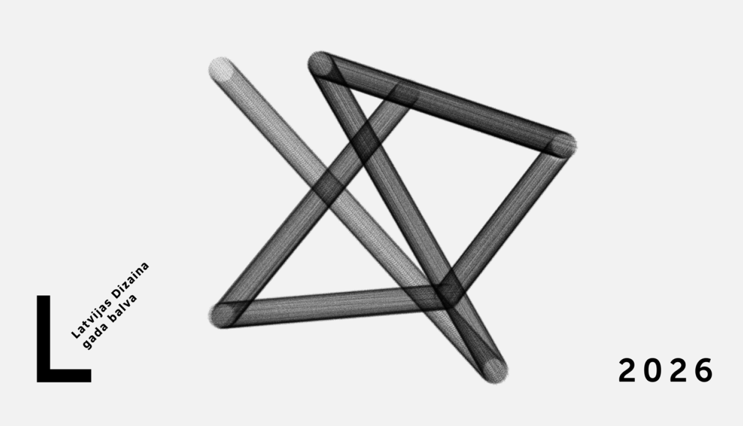 Latvijas Dizaina gada balvas logo, stilizēts melnbalts elements locījuma formā, uzraksts Latvijas Dizaina gada balva 2026