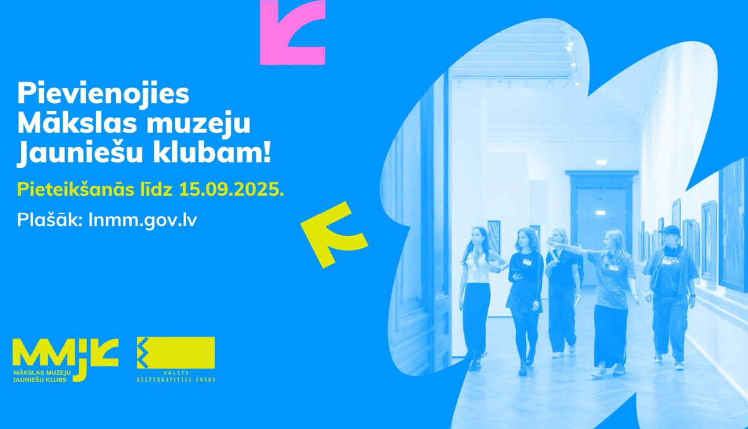 Aicinājums dalībai Mākslas muzeju Jauniešu kluba 8. sezonā uz zila fona, ar jauniešu attēlu